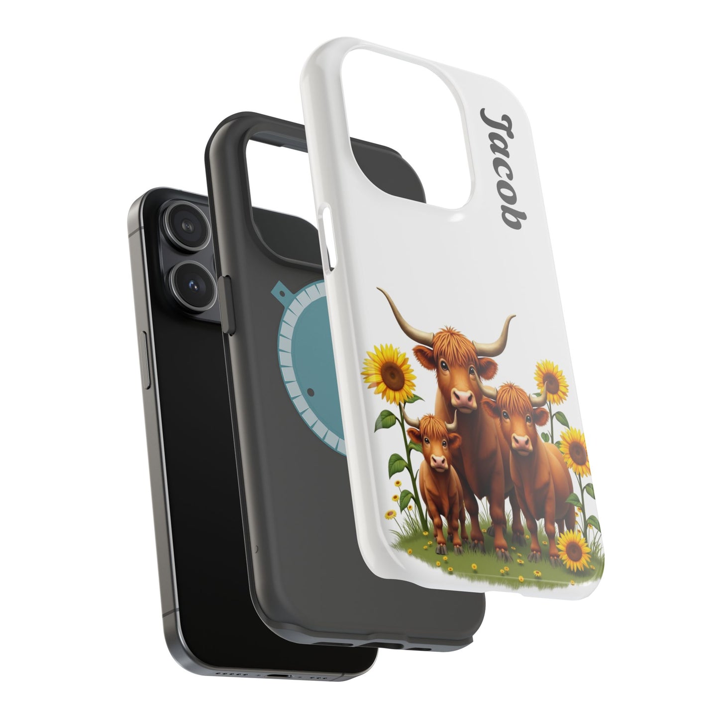 Personalized White Highland Cow Phone Case - Custom Name Farm Animal Gift | Cute Sunflower Cases for Women & Girls