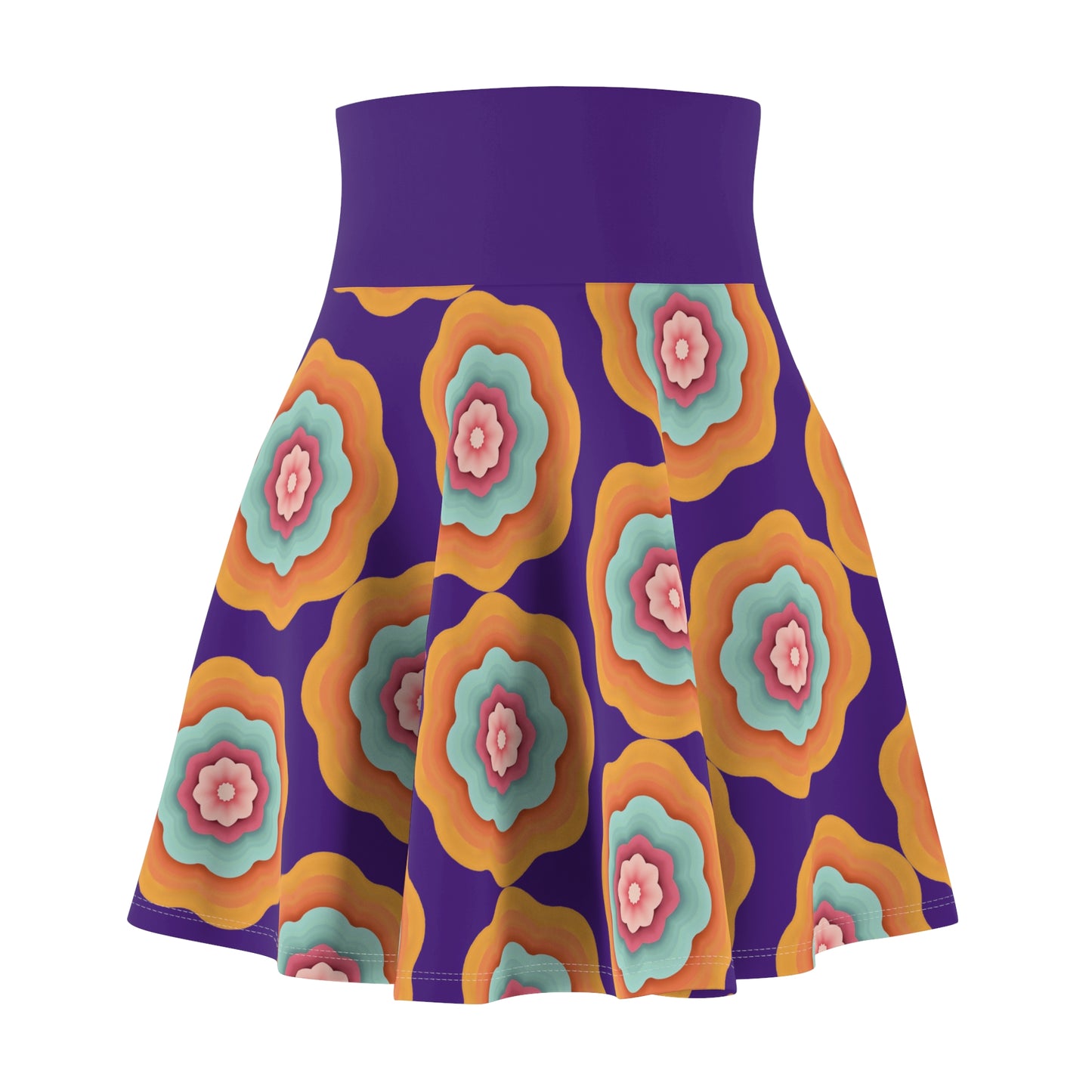Vivid Blossom Skater Skirt - Vibrant Florals on Royal Purple