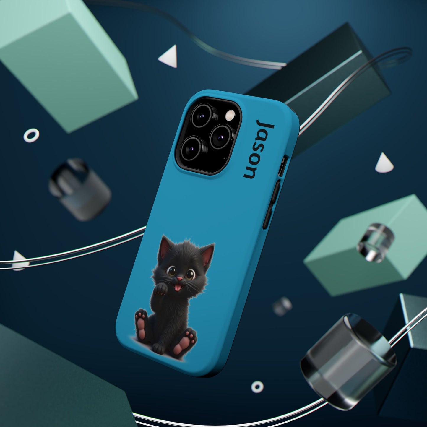 Personalized Black Kitten Phone Case - Custom Name Cat Lover Gift | Cute Teal Blue iPhone Cases for Women & Girls