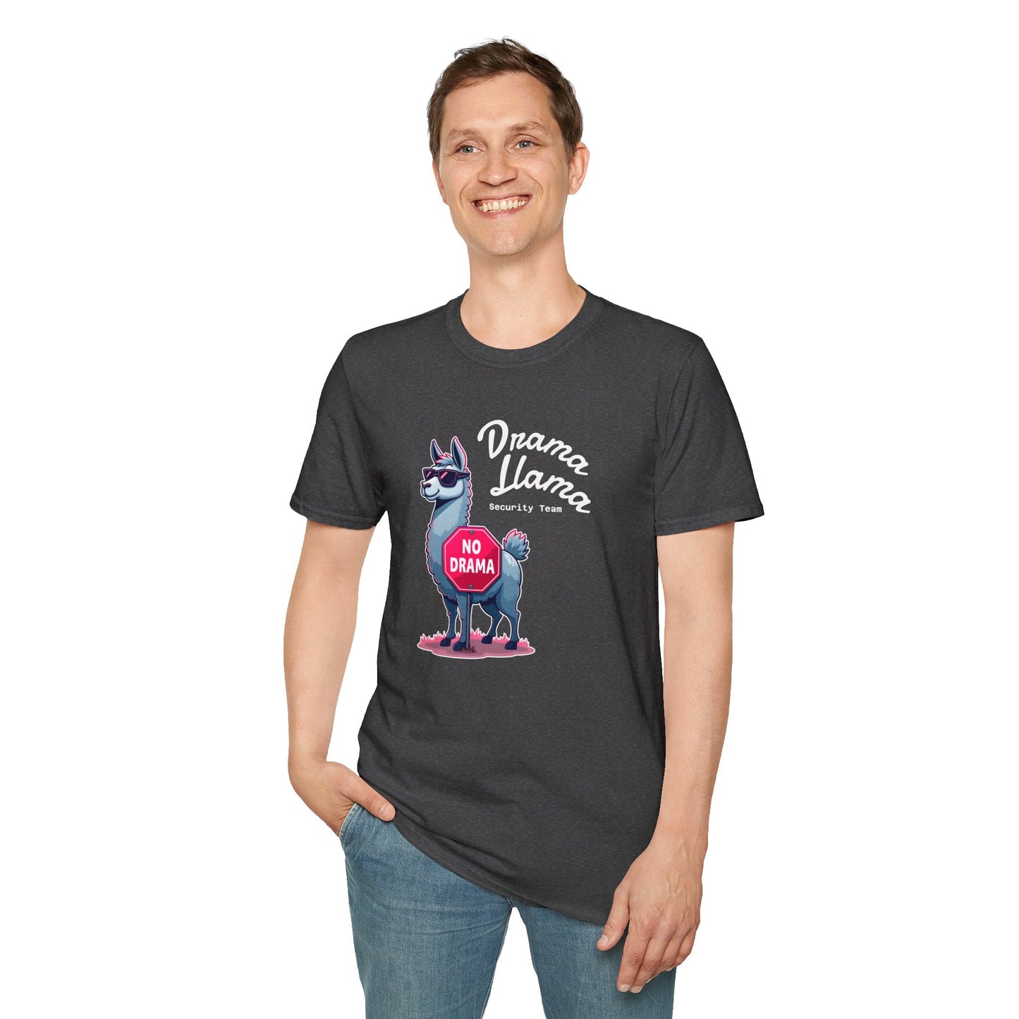Funny Drama Llama Security Team T-Shirt – Sarcastic Llama with Sunglasses & “No Drama” Stop Sign, Ironic Humor Gift for Chill People