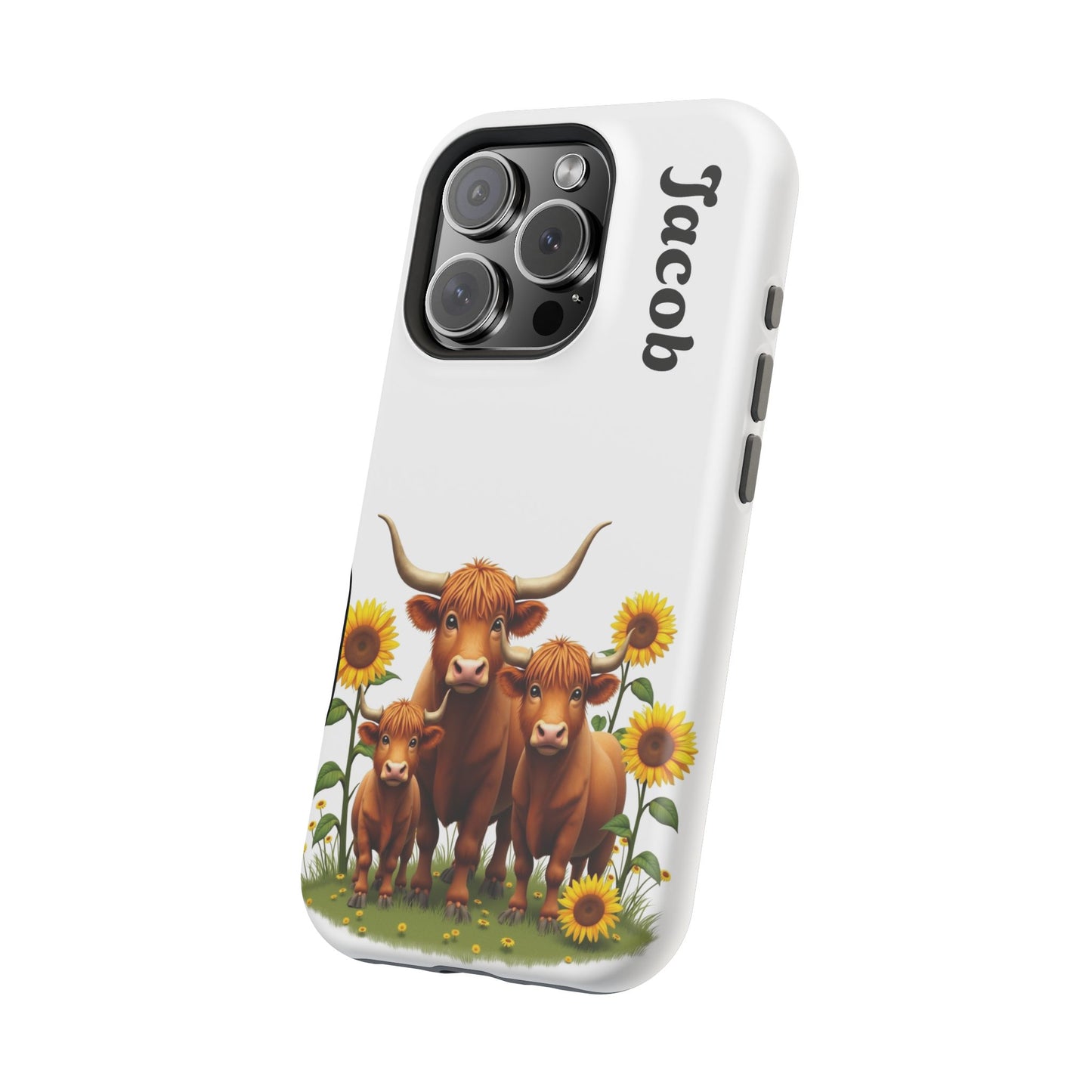 Personalized White Highland Cow Phone Case - Custom Name Farm Animal Gift | Cute Sunflower Cases for Women & Girls