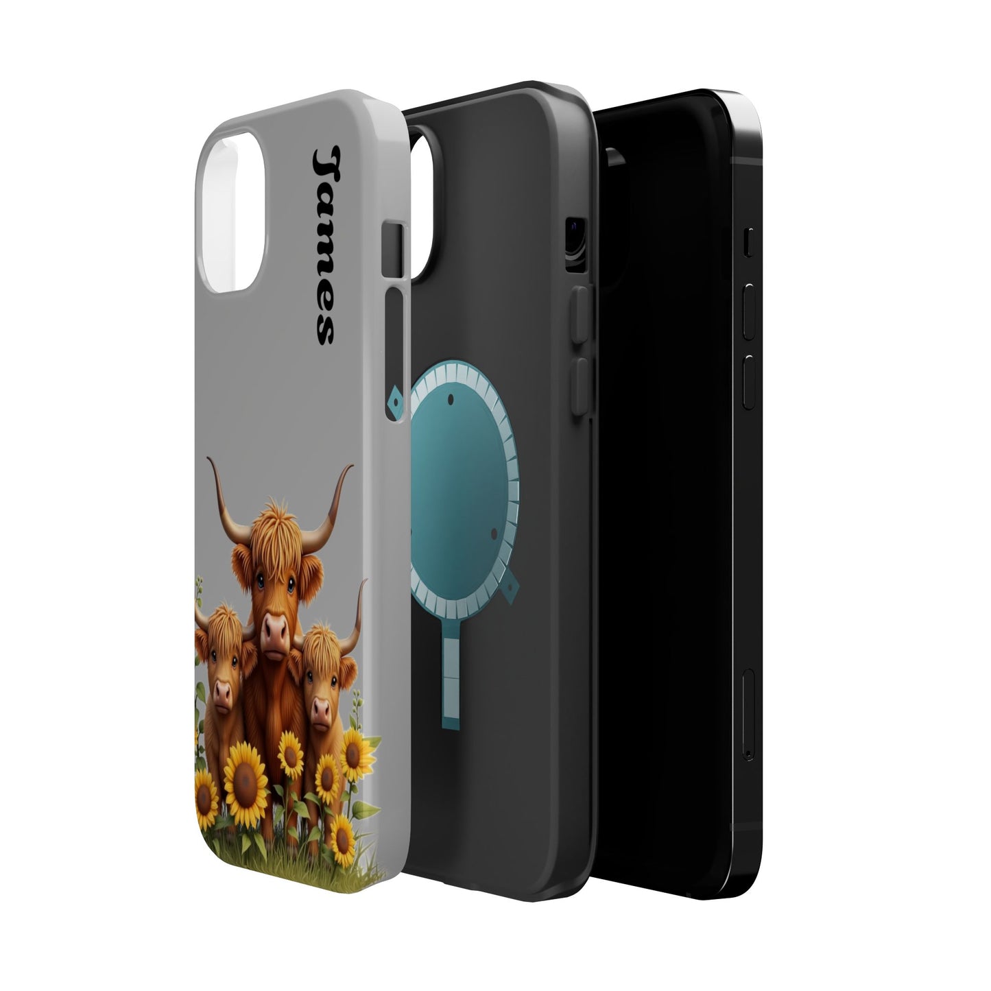 Personalized Gray Highland Cow Phone Case - Custom Name Farm Animal Gift | Cute Gray iPhone Cases for Women & Girls