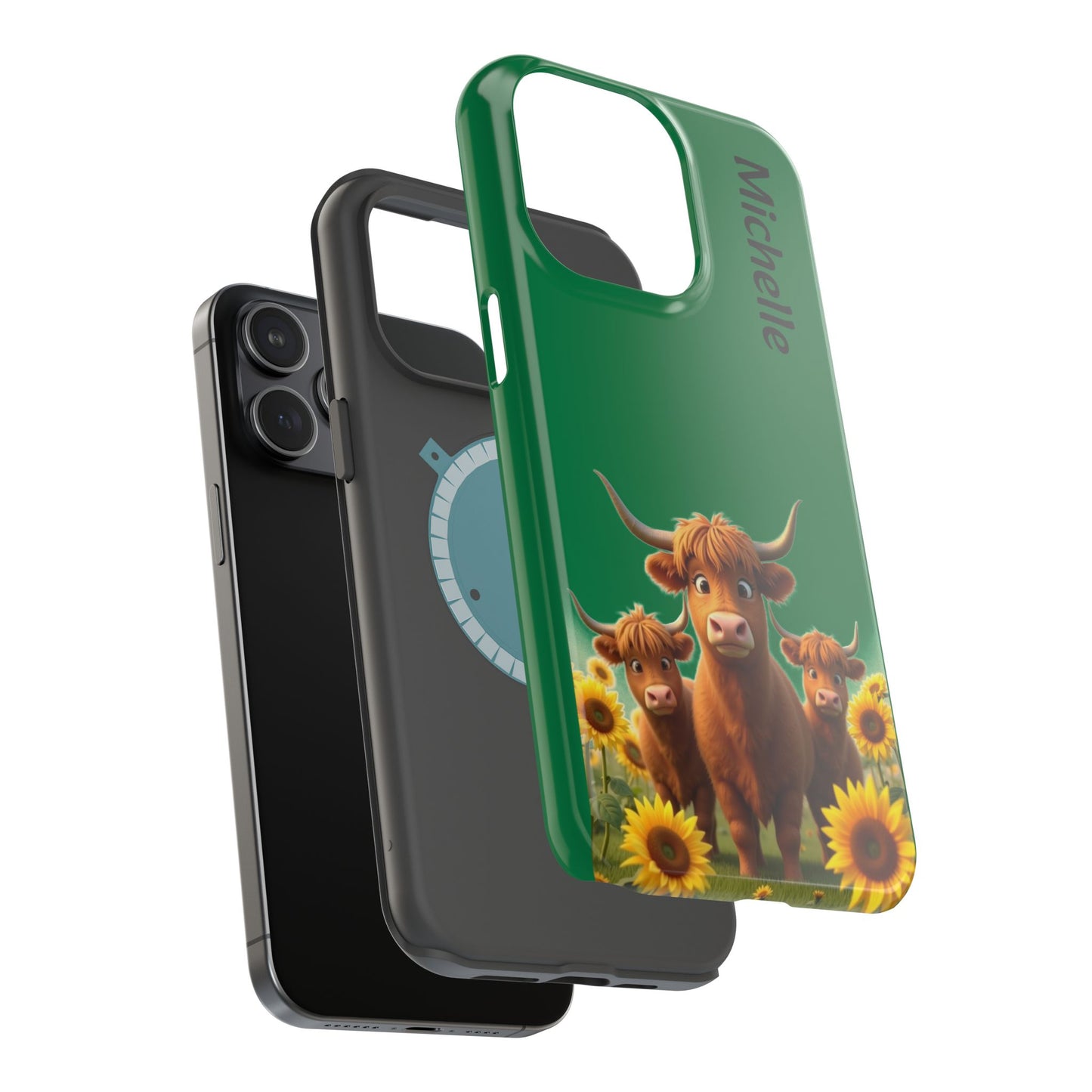 Personalized Highland Cow Phone Case - Custom Name Farm Animal Gift | Cute Green iPhone Cases for Women & Girls