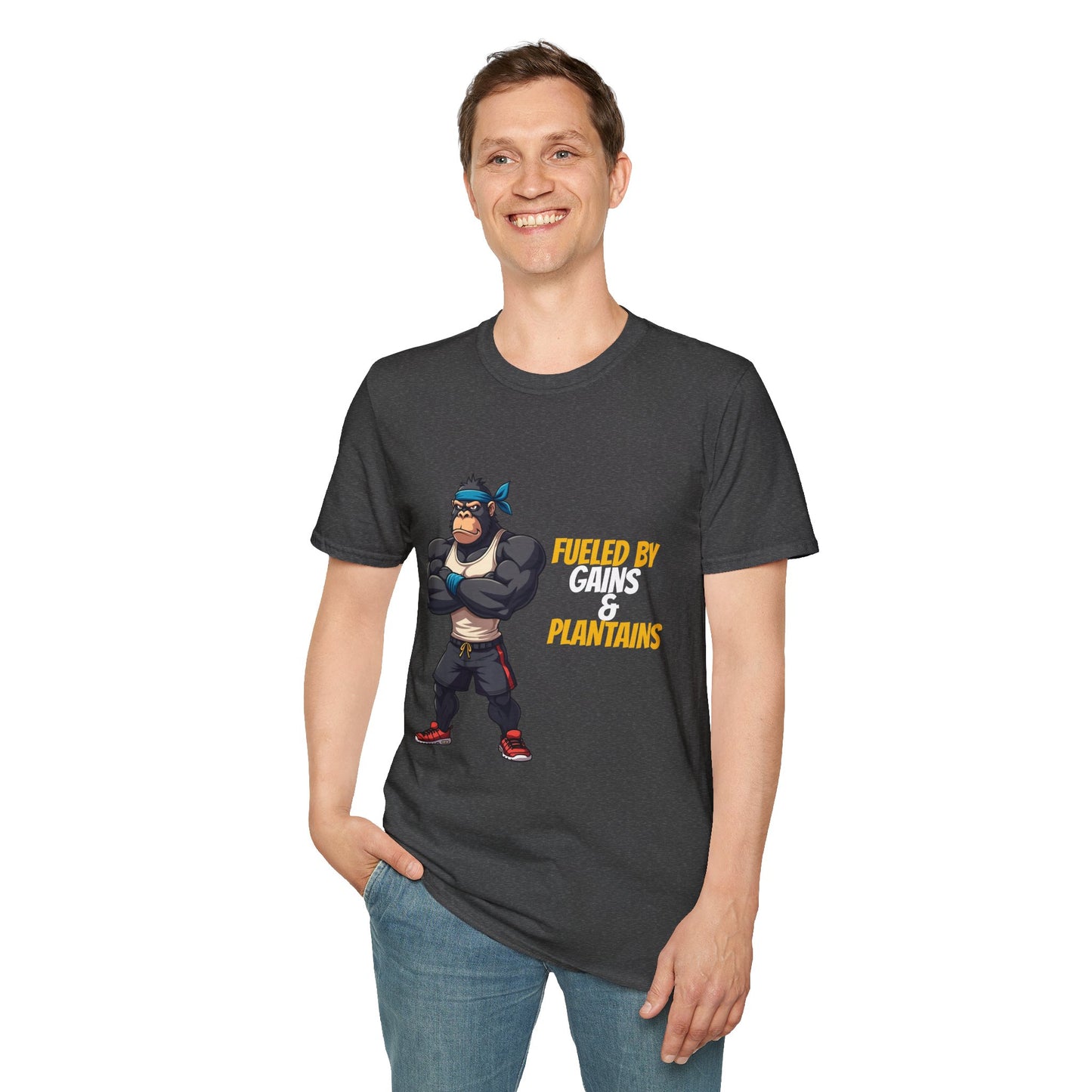 Fueled by Gains & Plantains β Funny Gym Gorilla T-Shirt