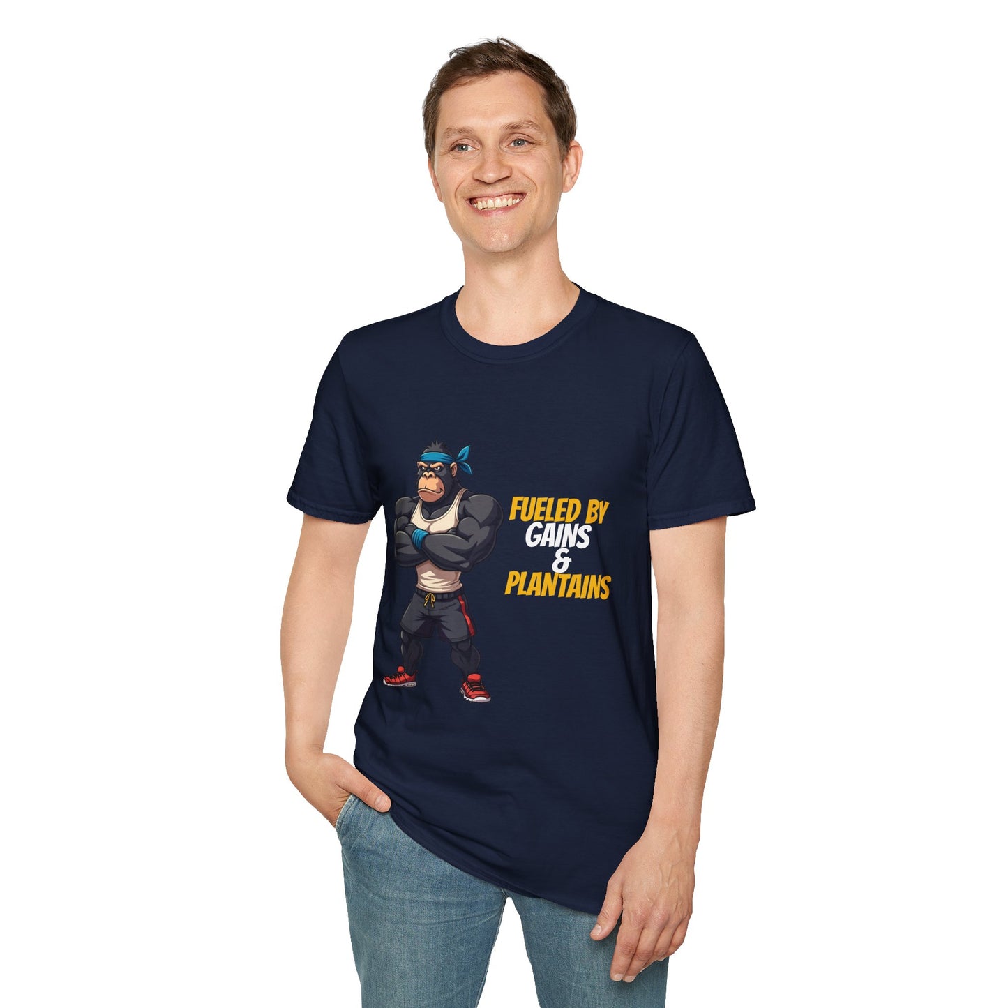 Fueled by Gains & Plantains β Funny Gym Gorilla T-Shirt