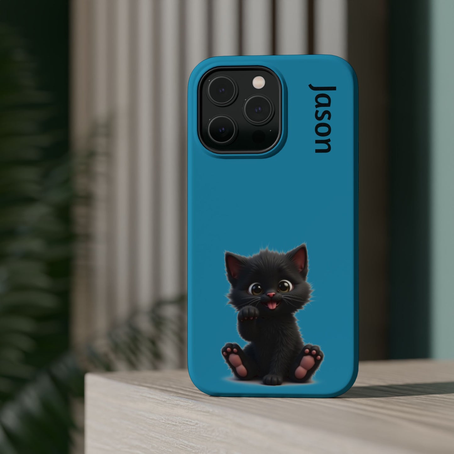 Personalized Black Kitten Phone Case - Custom Name Cat Lover Gift | Cute Teal Blue iPhone Cases for Women & Girls