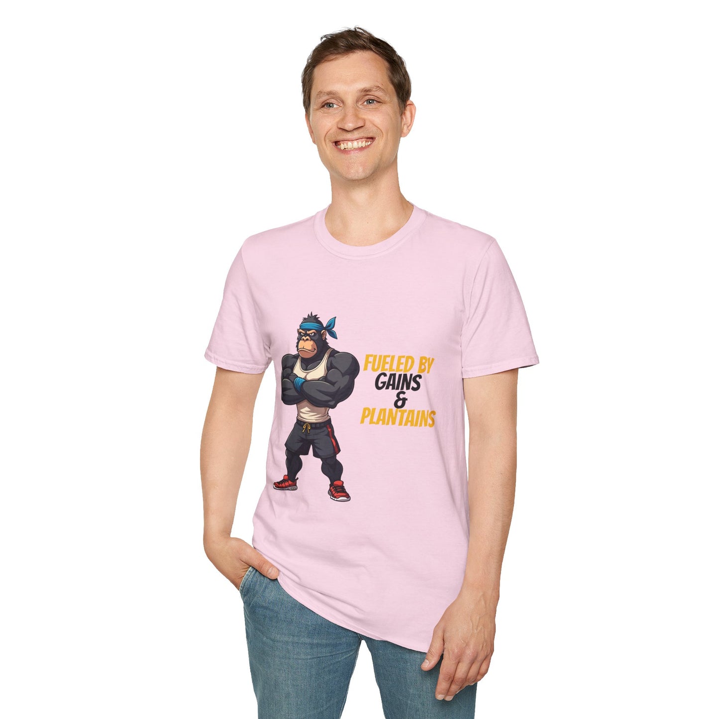 Fueled by Gains & Plantains β Funny Gym Gorilla T-Shirt