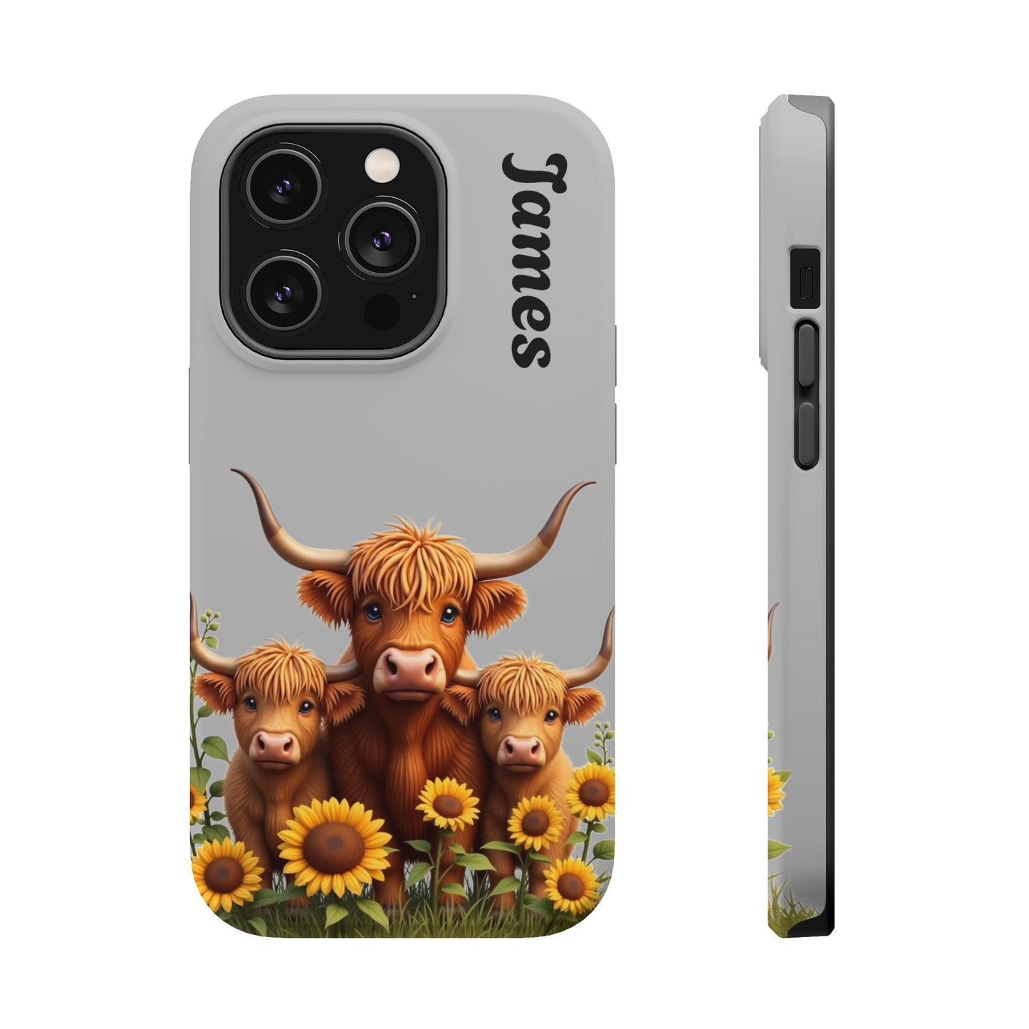 Personalized Gray Highland Cow Phone Case - Custom Name Farm Animal Gift | Cute Gray iPhone Cases for Women & Girls