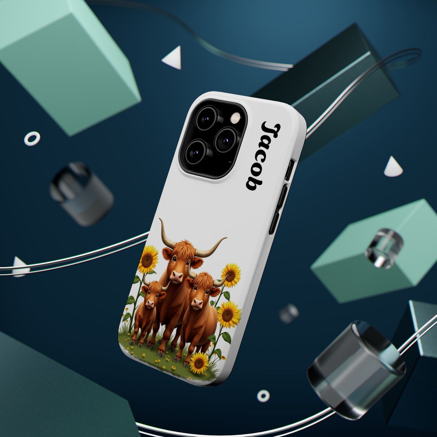 Personalized White Highland Cow Phone Case - Custom Name Farm Animal Gift | Cute Sunflower Cases for Women & Girls