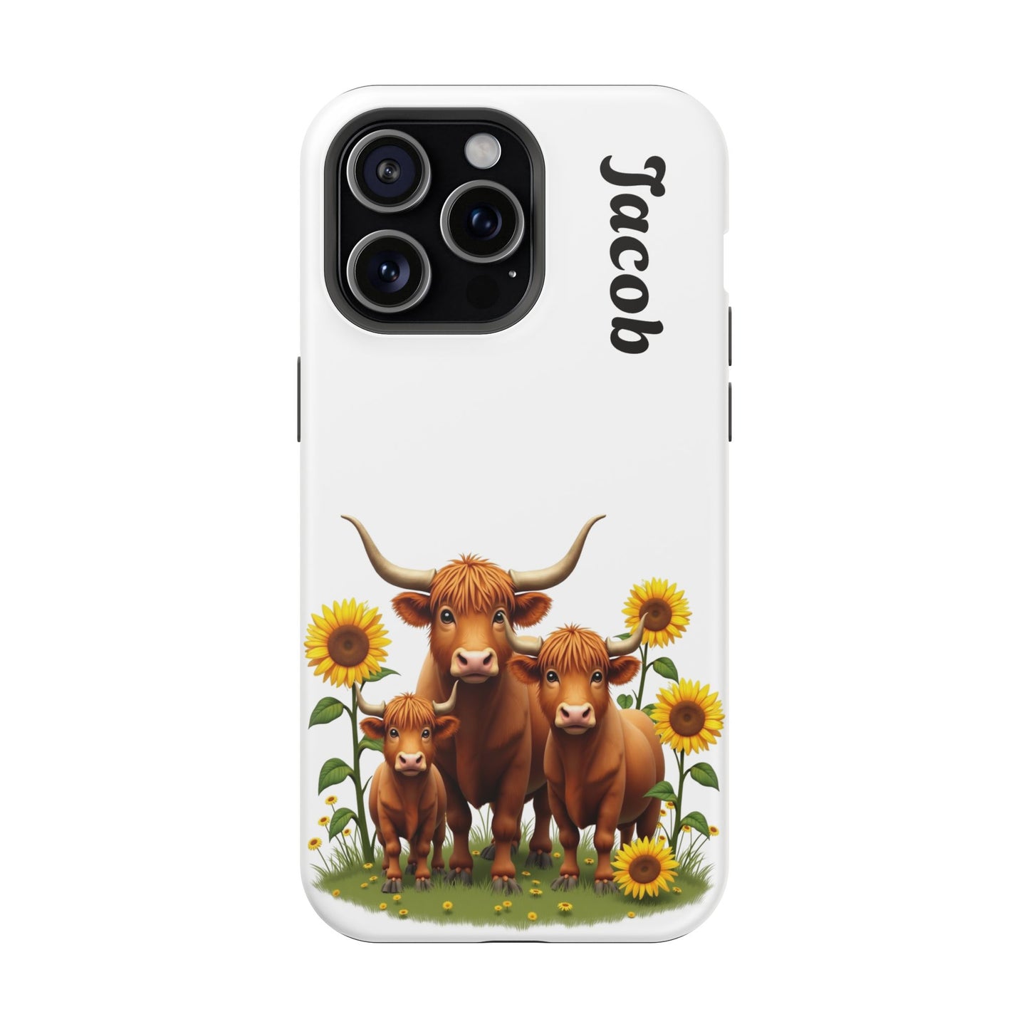 Personalized White Highland Cow Phone Case - Custom Name Farm Animal Gift | Cute Sunflower Cases for Women & Girls