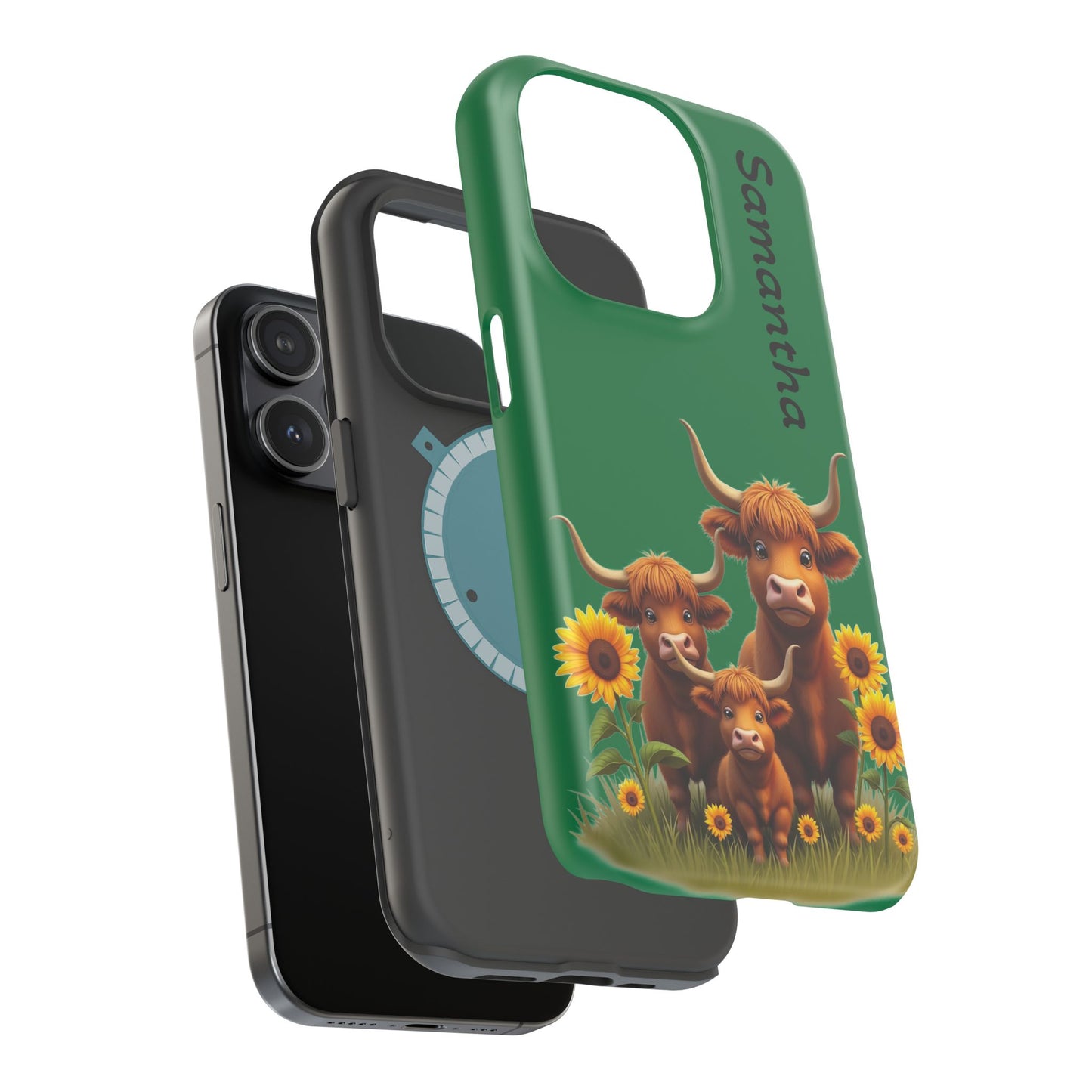 Personalized Highland Cow Phone Case - Custom Name Farm Animal Gift | Cute Green iPhone Cases for Women & Girls