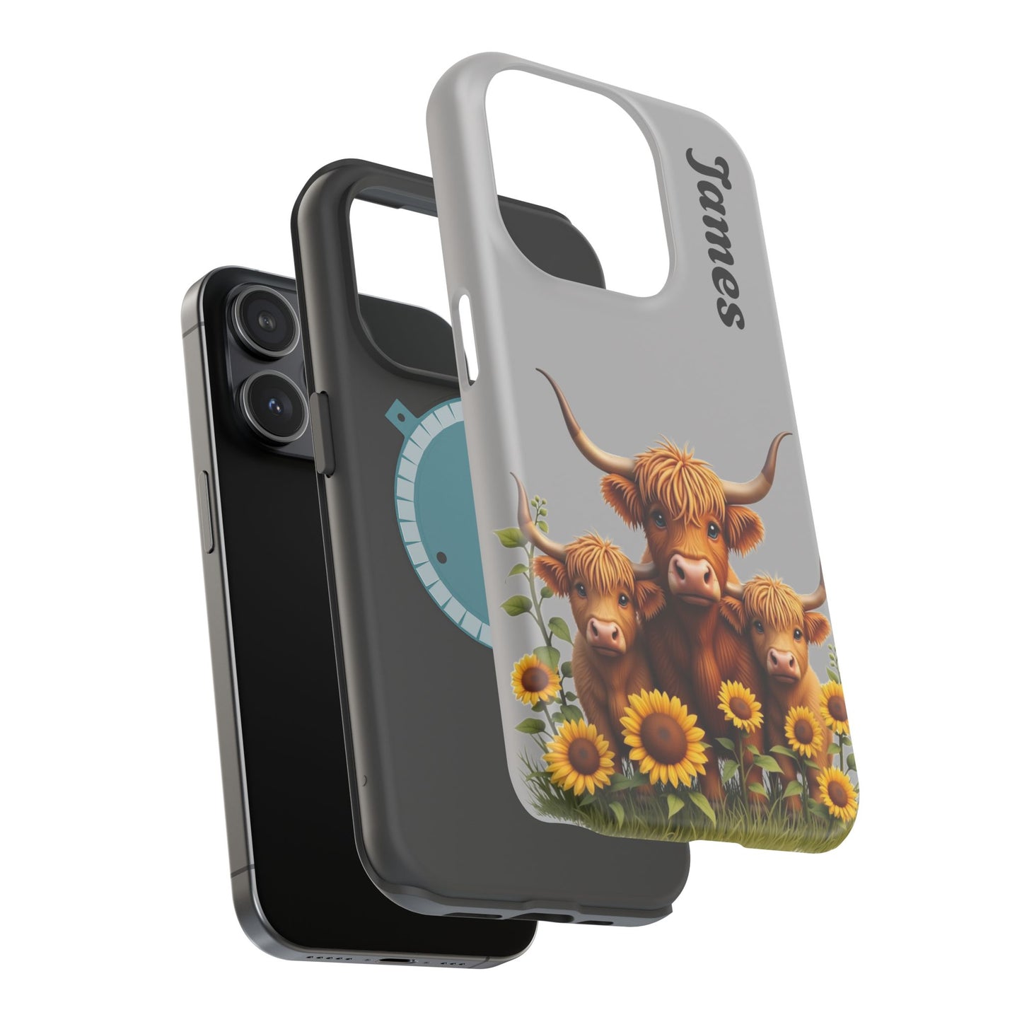 Personalized Gray Highland Cow Phone Case - Custom Name Farm Animal Gift | Cute Gray iPhone Cases for Women & Girls
