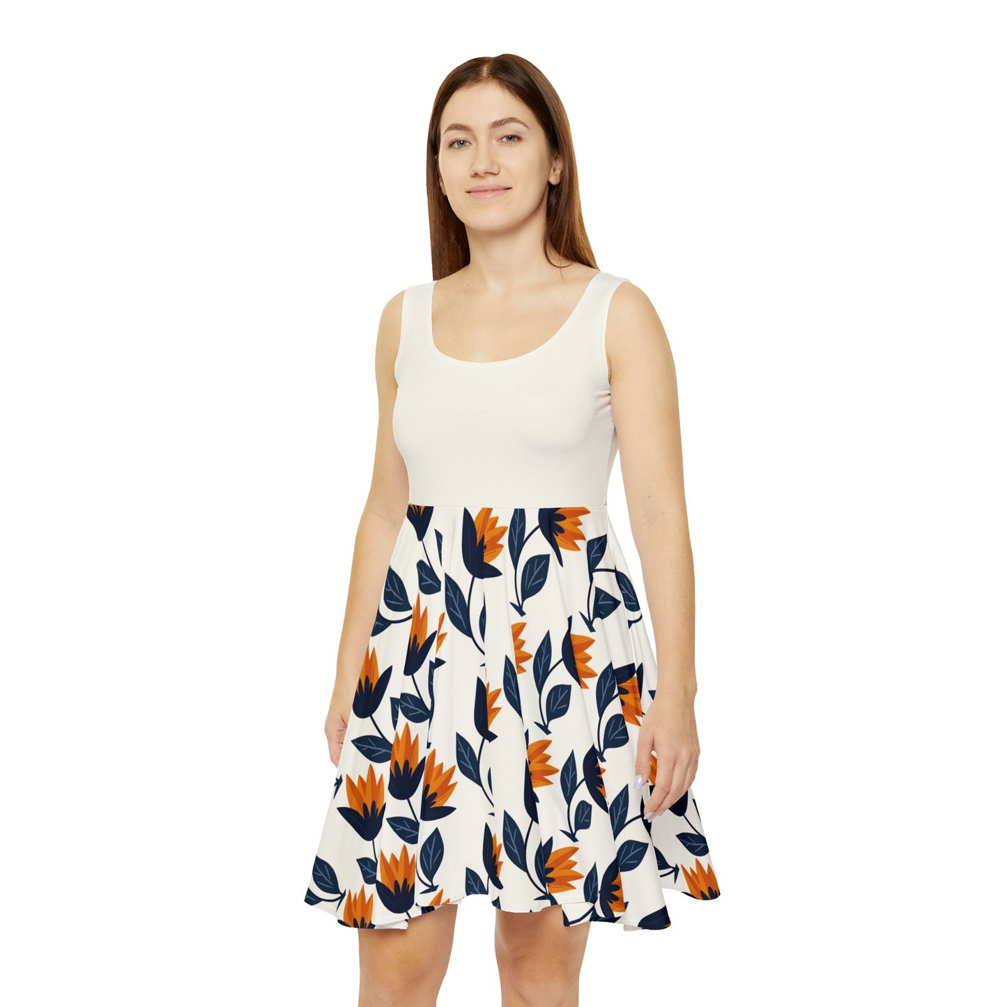 Golden Tulips Skater Dress - Elegant Florals in Navy & Amber