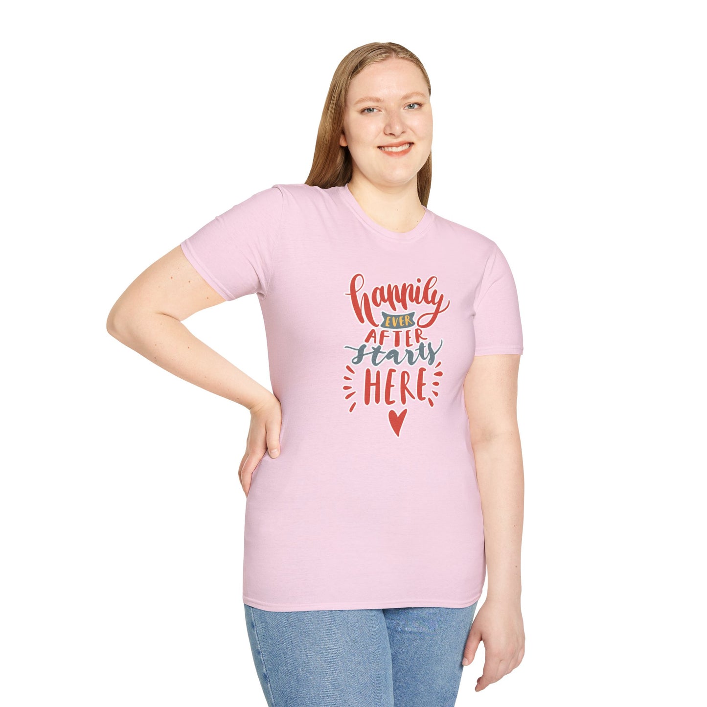 "Happily Ever After Starts Here" Inspirational & Wholesome T-Shirt – Cute Motivational Graphic Tee for Dreamers, Romantics & New Beginnings