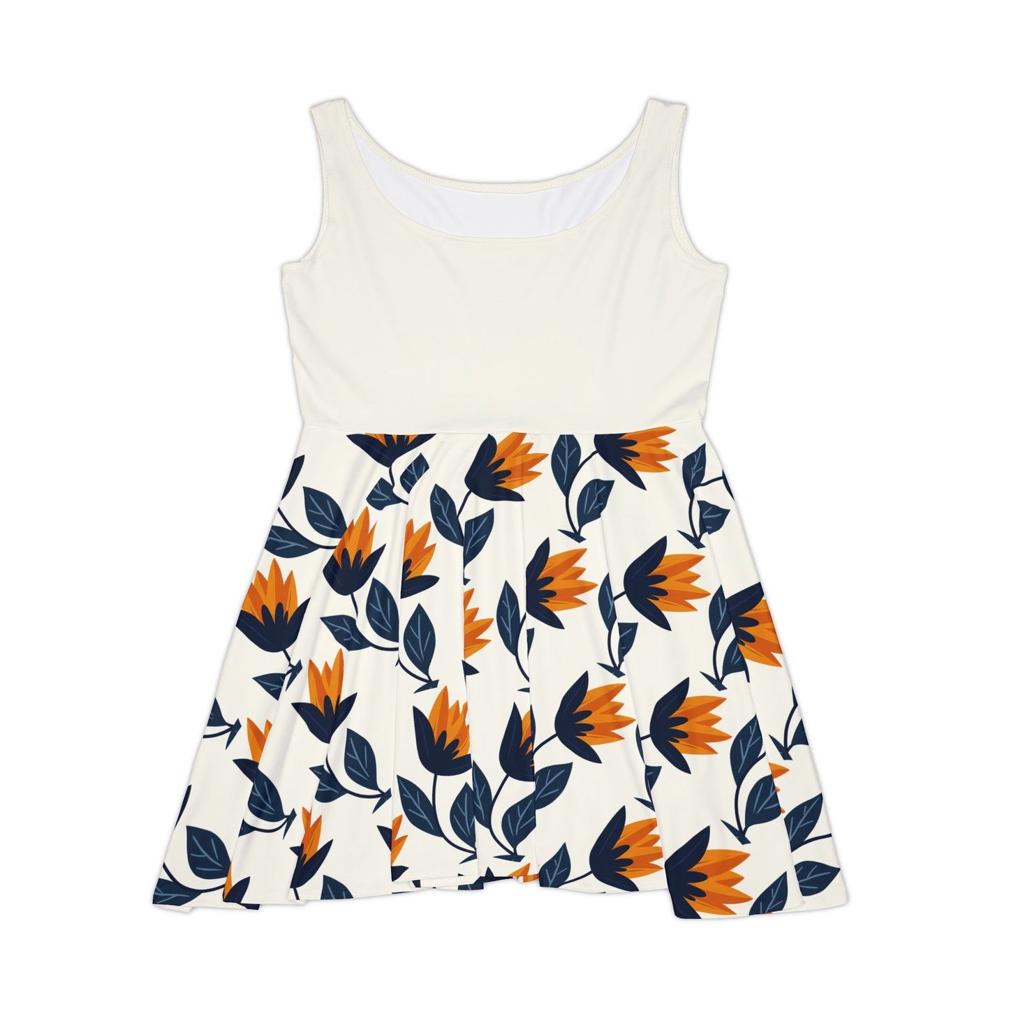Golden Tulips Skater Dress - Elegant Florals in Navy & Amber