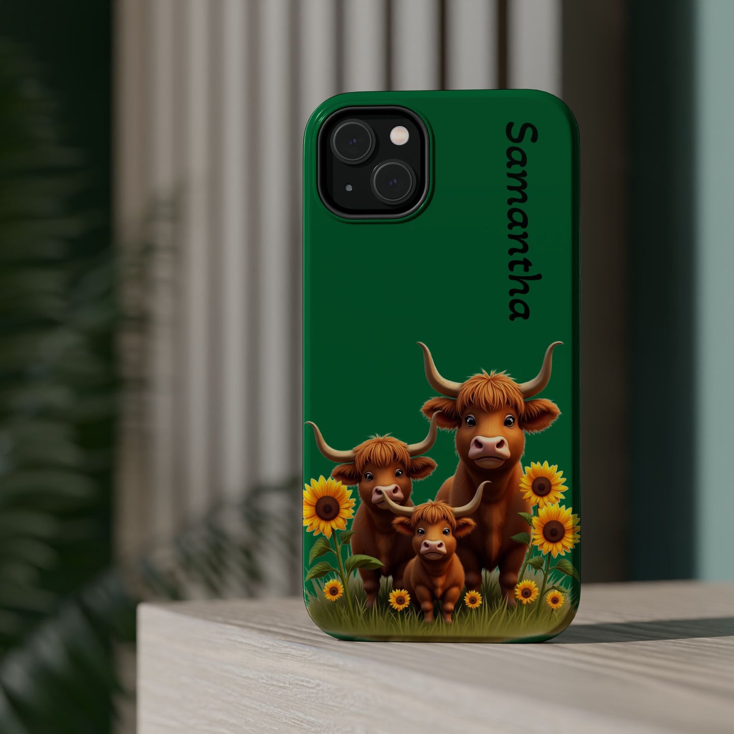 Personalized Highland Cow Phone Case - Custom Name Farm Animal Gift | Cute Green iPhone Cases for Women & Girls