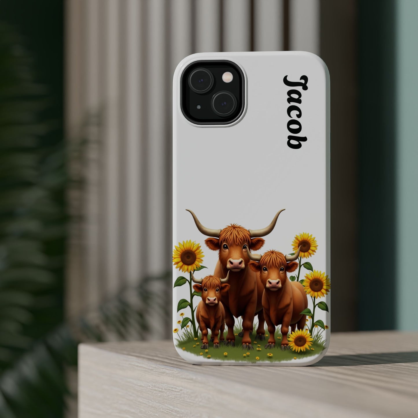 Personalized White Highland Cow Phone Case - Custom Name Farm Animal Gift | Cute Sunflower Cases for Women & Girls