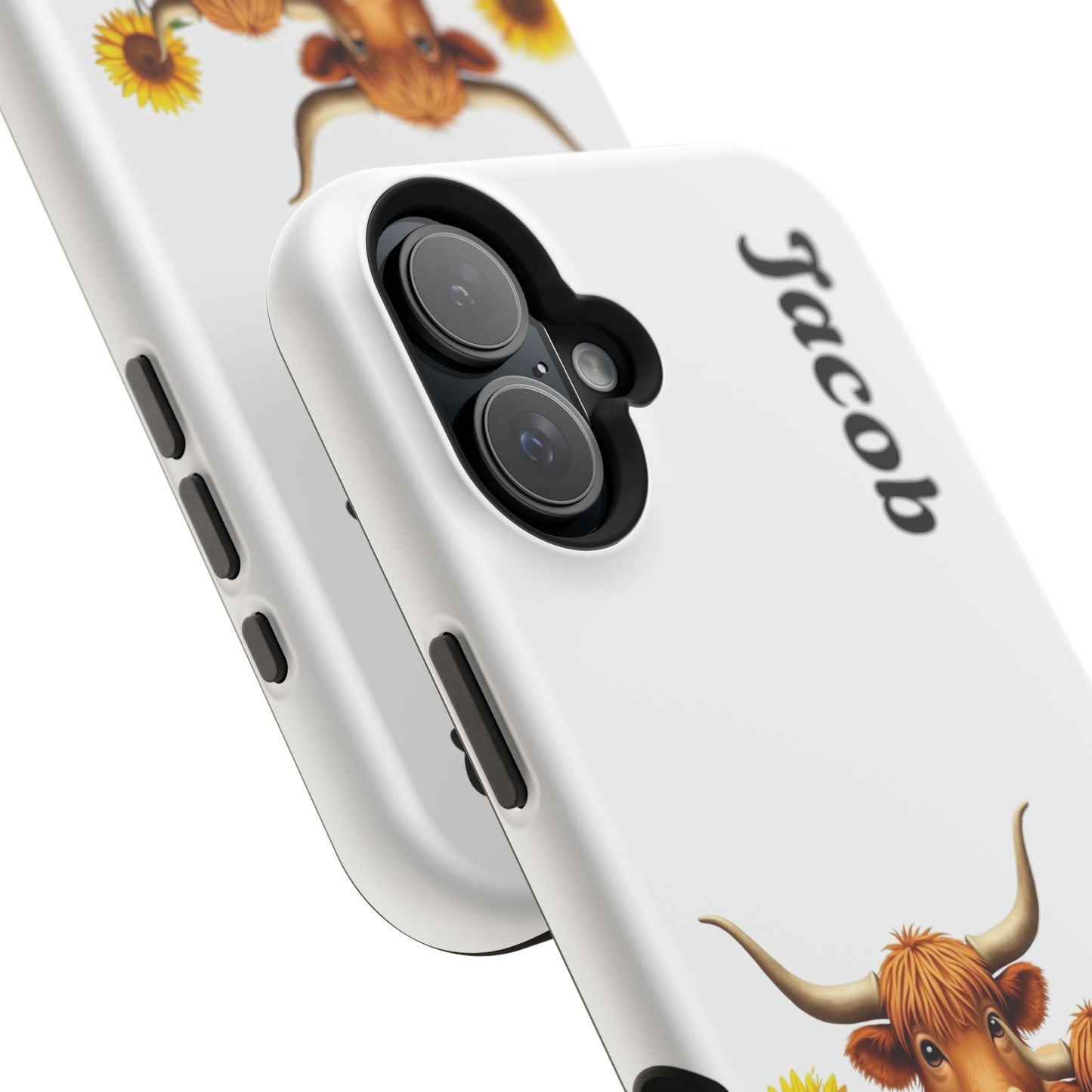 Personalized White Highland Cow Phone Case - Custom Name Farm Animal Gift | Cute Sunflower Cases for Women & Girls