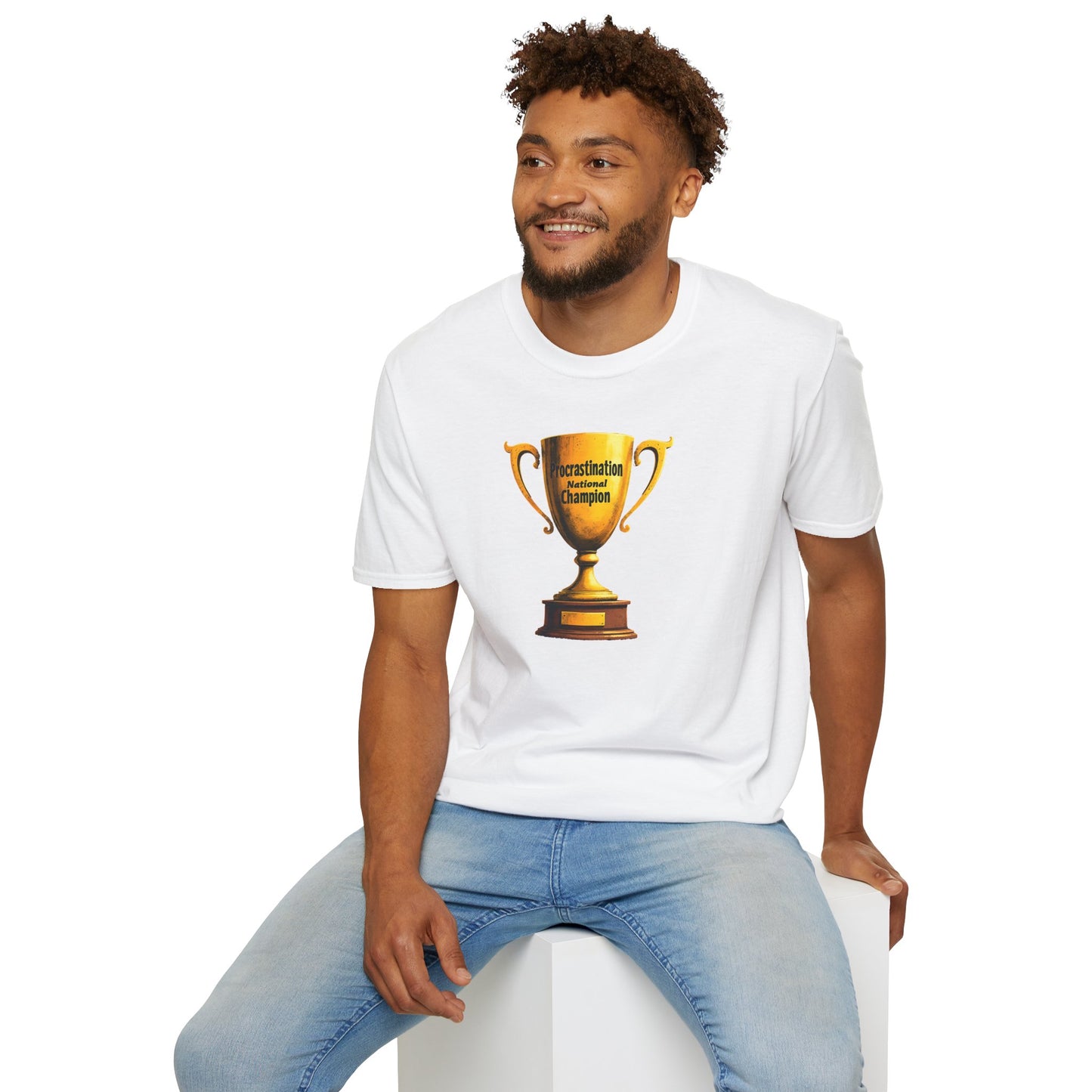 Funny Trophy T-Shirt – “Procrastination National Champion” Tee – Sarcastic Humor Gift for Lazy Legends