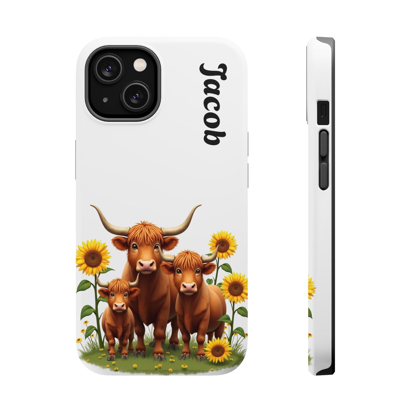 Personalized White Highland Cow Phone Case - Custom Name Farm Animal Gift | Cute Sunflower Cases for Women & Girls