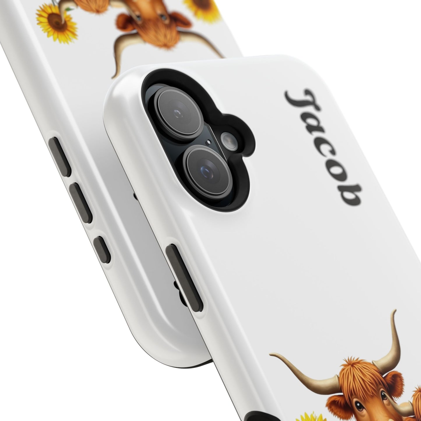 Personalized White Highland Cow Phone Case - Custom Name Farm Animal Gift | Cute Sunflower Cases for Women & Girls