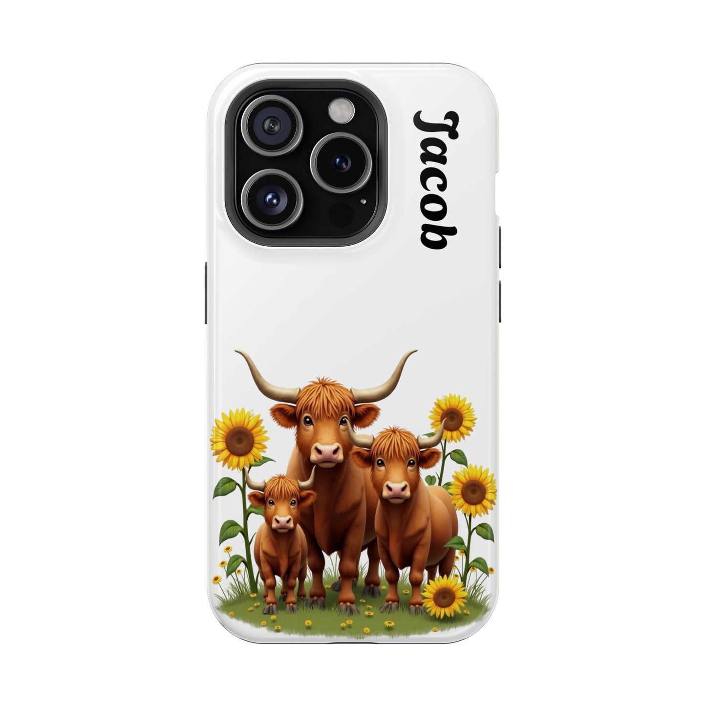 Personalized White Highland Cow Phone Case - Custom Name Farm Animal Gift | Cute Sunflower Cases for Women & Girls