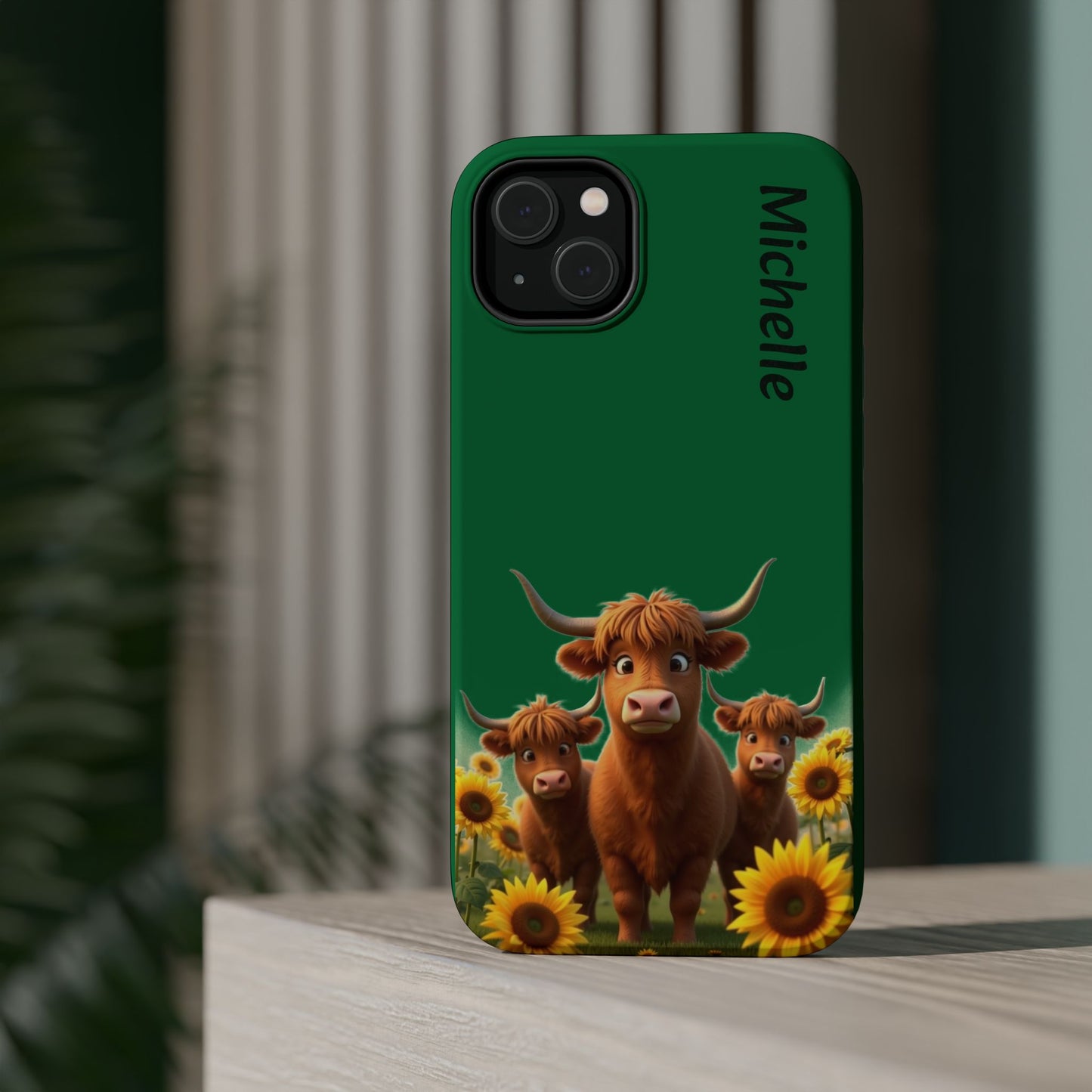 Personalized Highland Cow Phone Case - Custom Name Farm Animal Gift | Cute Green iPhone Cases for Women & Girls