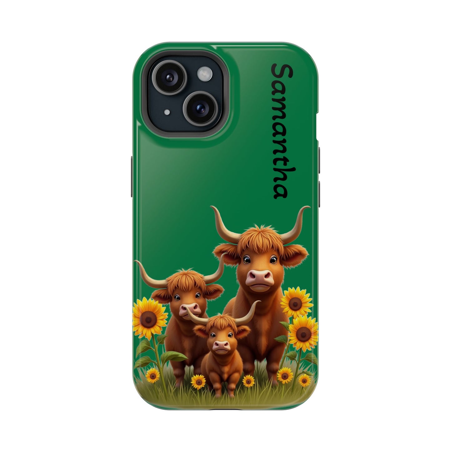 Personalized Highland Cow Phone Case - Custom Name Farm Animal Gift | Cute Green iPhone Cases for Women & Girls