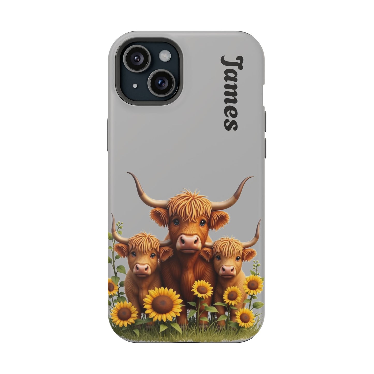 Personalized Gray Highland Cow Phone Case - Custom Name Farm Animal Gift | Cute Gray iPhone Cases for Women & Girls