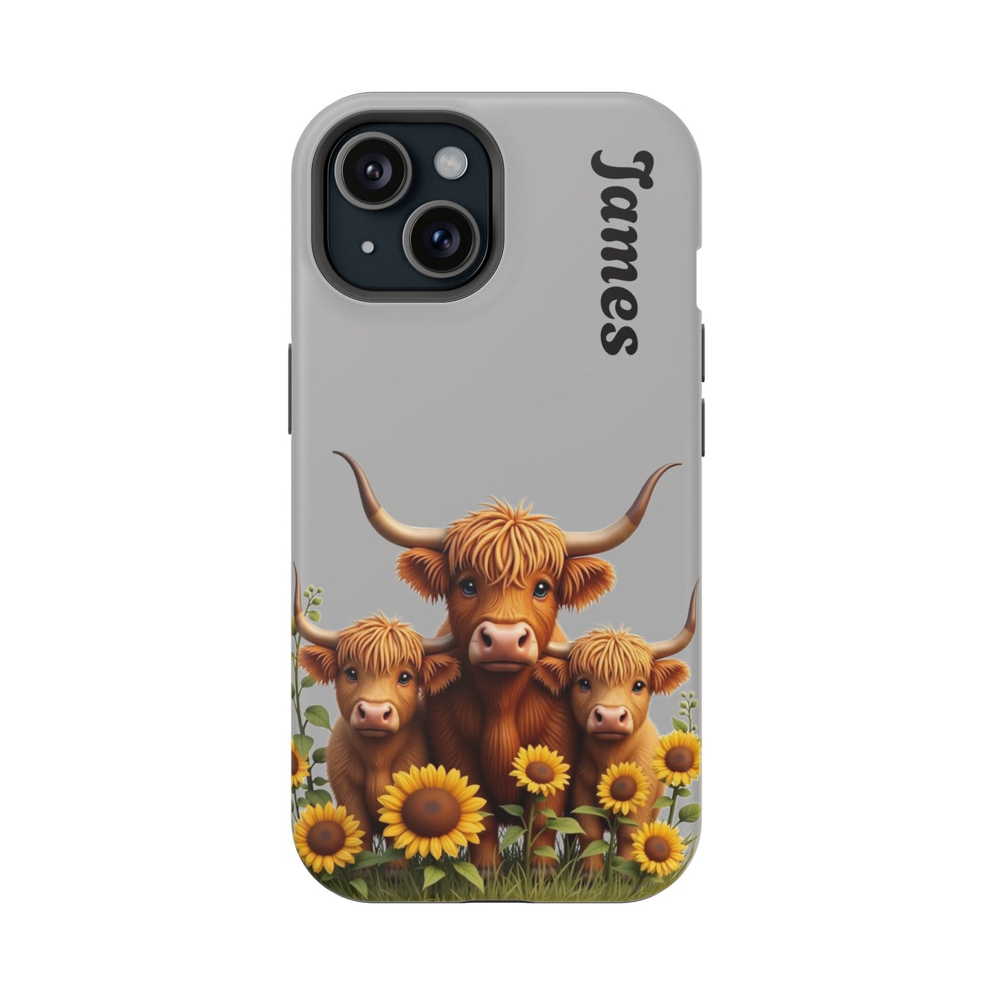 Personalized Gray Highland Cow Phone Case - Custom Name Farm Animal Gift | Cute Gray iPhone Cases for Women & Girls