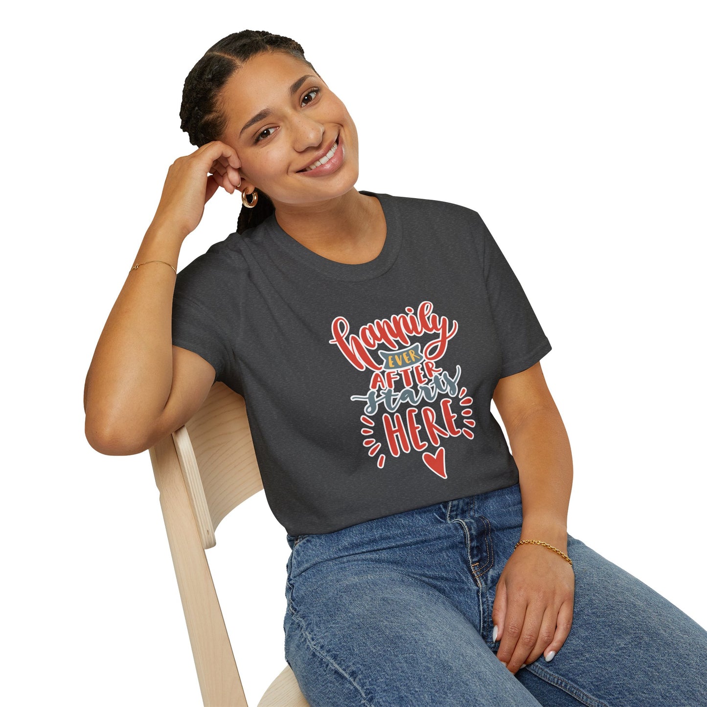 "Happily Ever After Starts Here" Inspirational & Wholesome T-Shirt – Cute Motivational Graphic Tee for Dreamers, Romantics & New Beginnings