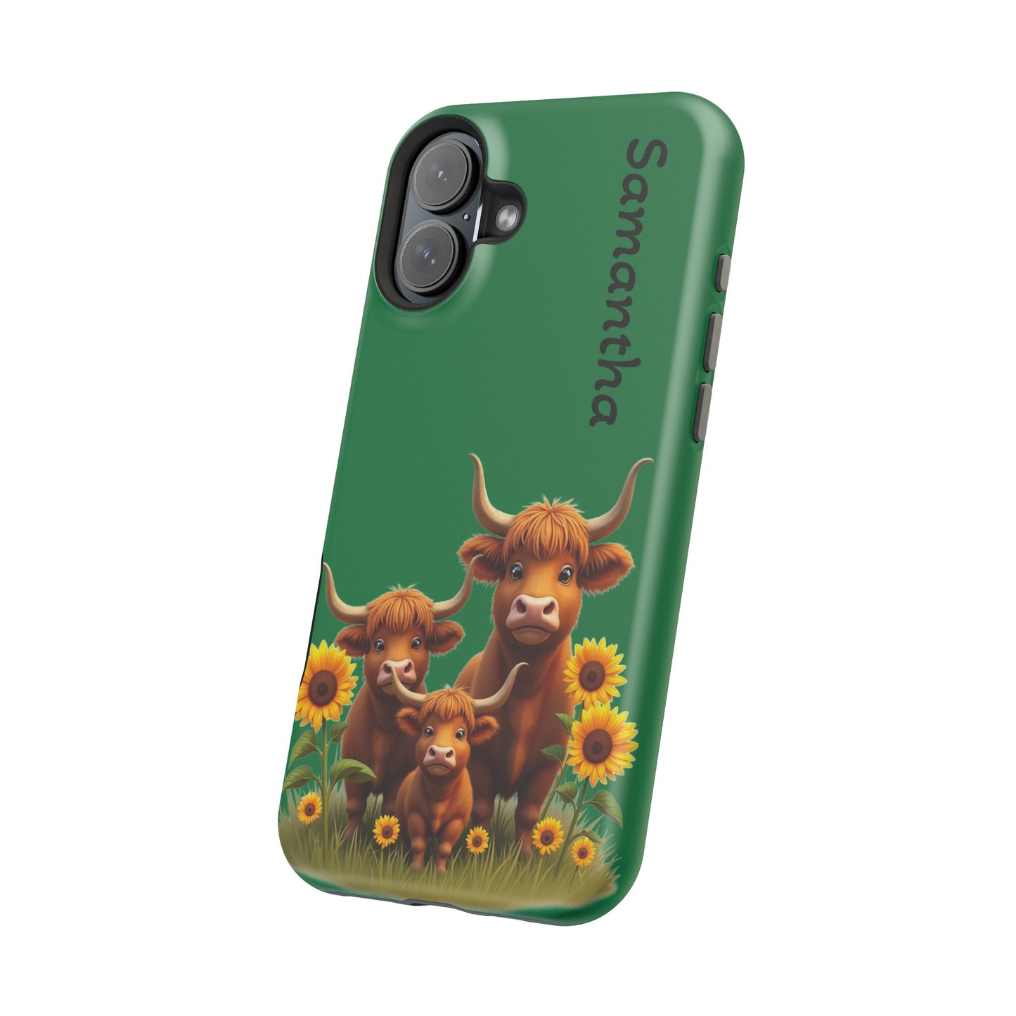 Personalized Highland Cow Phone Case - Custom Name Farm Animal Gift | Cute Green iPhone Cases for Women & Girls