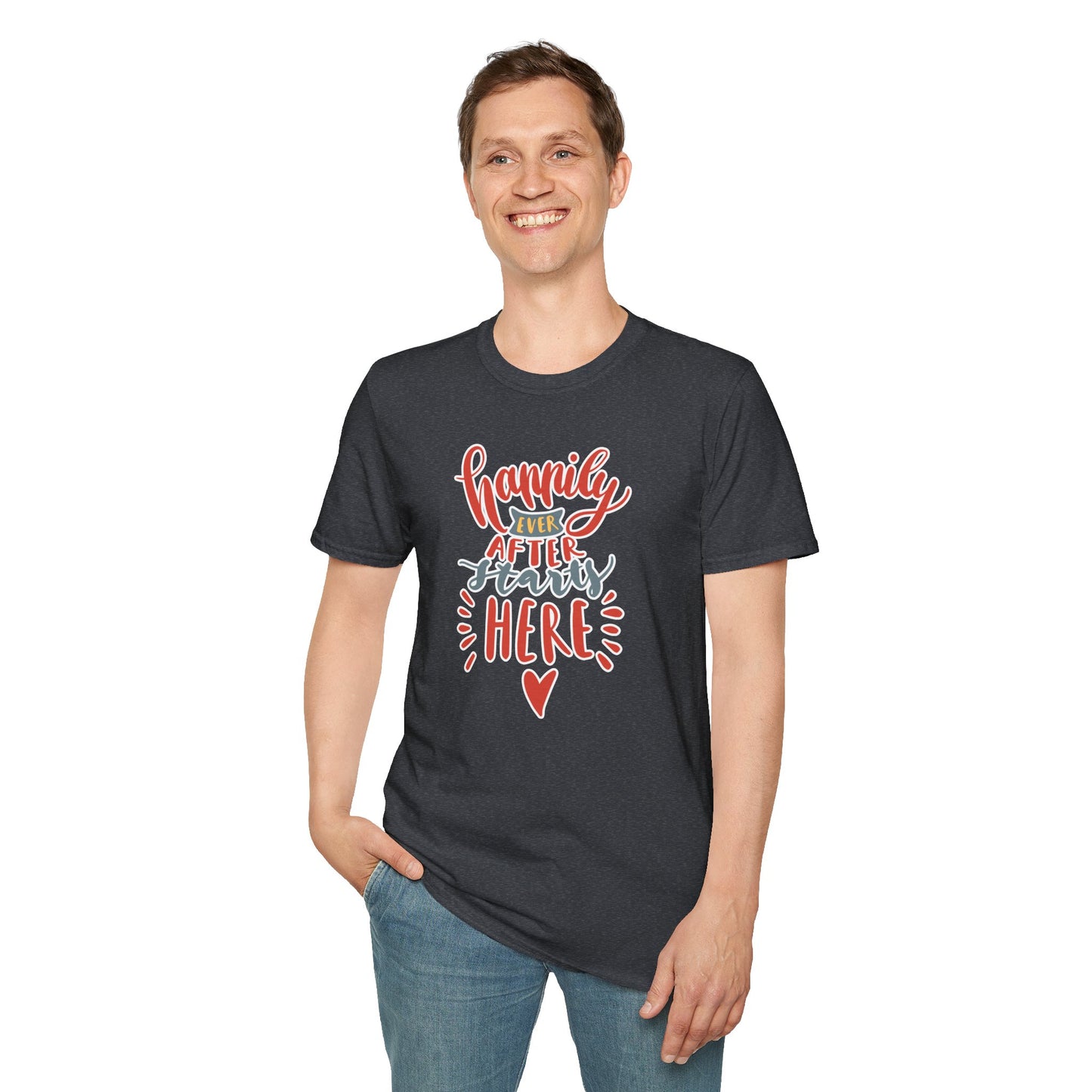 "Happily Ever After Starts Here" Inspirational & Wholesome T-Shirt – Cute Motivational Graphic Tee for Dreamers, Romantics & New Beginnings