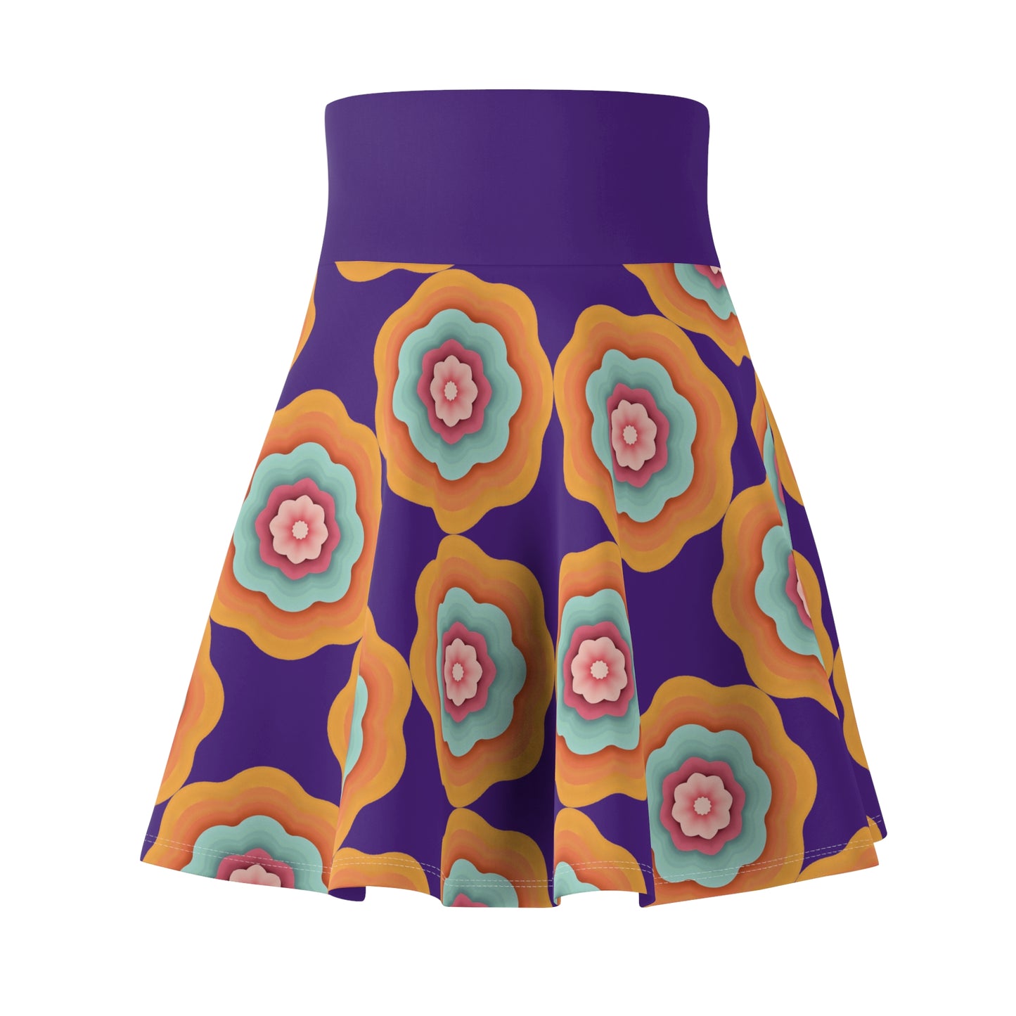 Vivid Blossom Skater Skirt - Vibrant Florals on Royal Purple