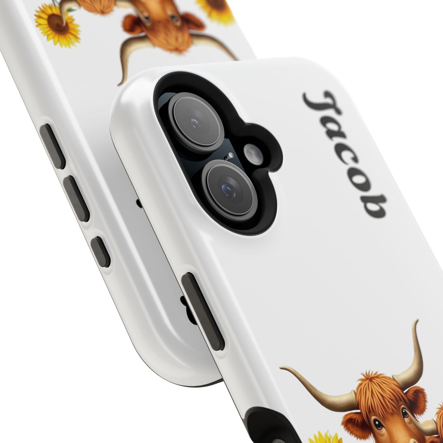 Personalized White Highland Cow Phone Case - Custom Name Farm Animal Gift | Cute Sunflower Cases for Women & Girls