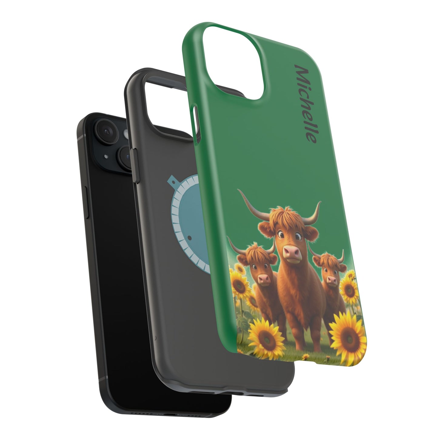 Personalized Highland Cow Phone Case - Custom Name Farm Animal Gift | Cute Green iPhone Cases for Women & Girls