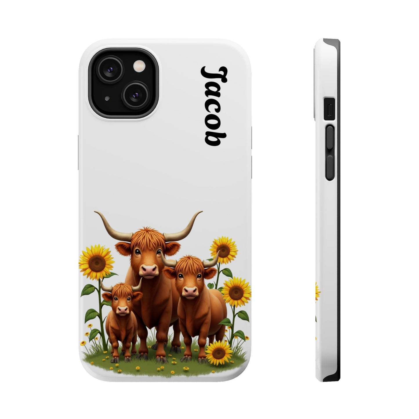 Personalized White Highland Cow Phone Case - Custom Name Farm Animal Gift | Cute Sunflower Cases for Women & Girls