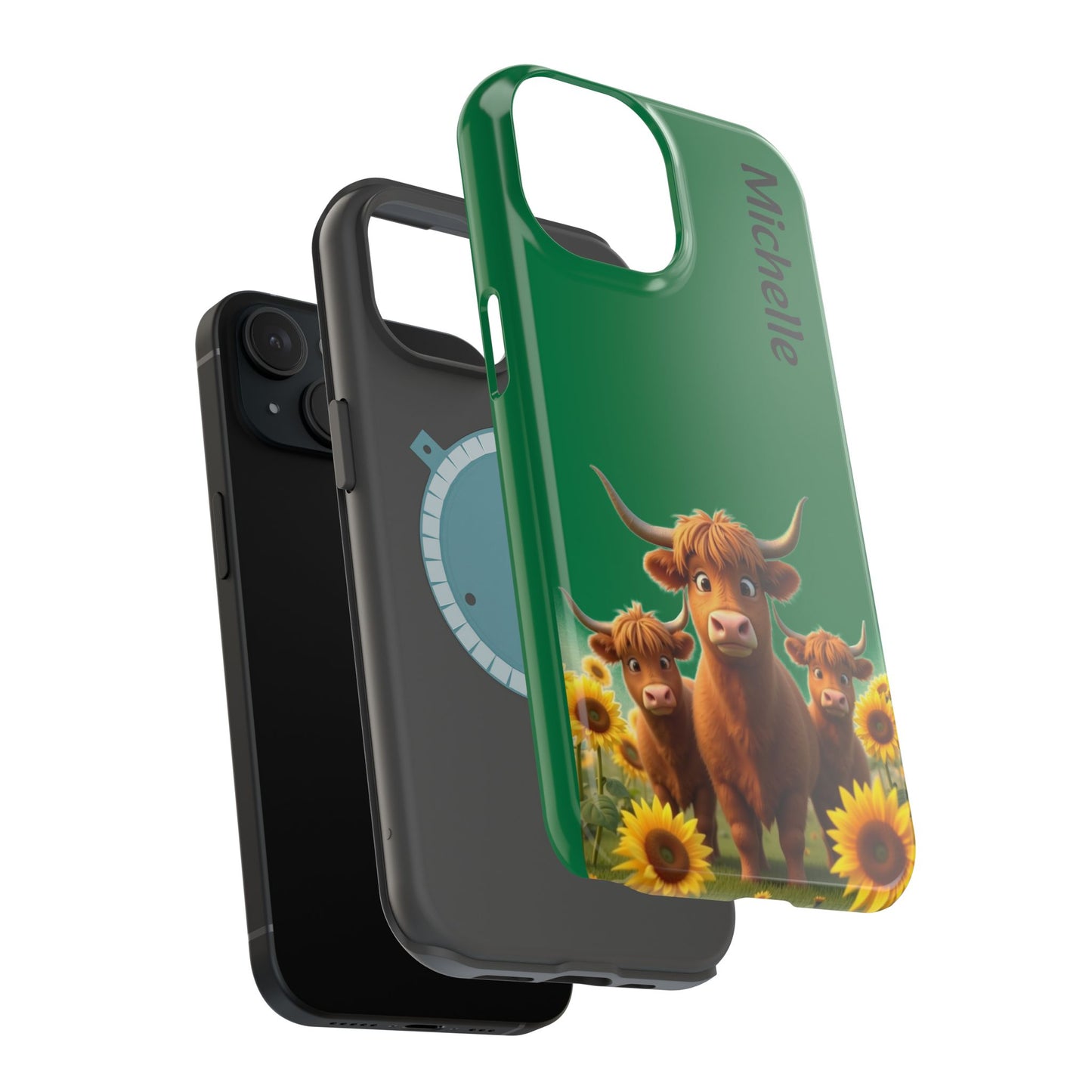 Personalized Highland Cow Phone Case - Custom Name Farm Animal Gift | Cute Green iPhone Cases for Women & Girls