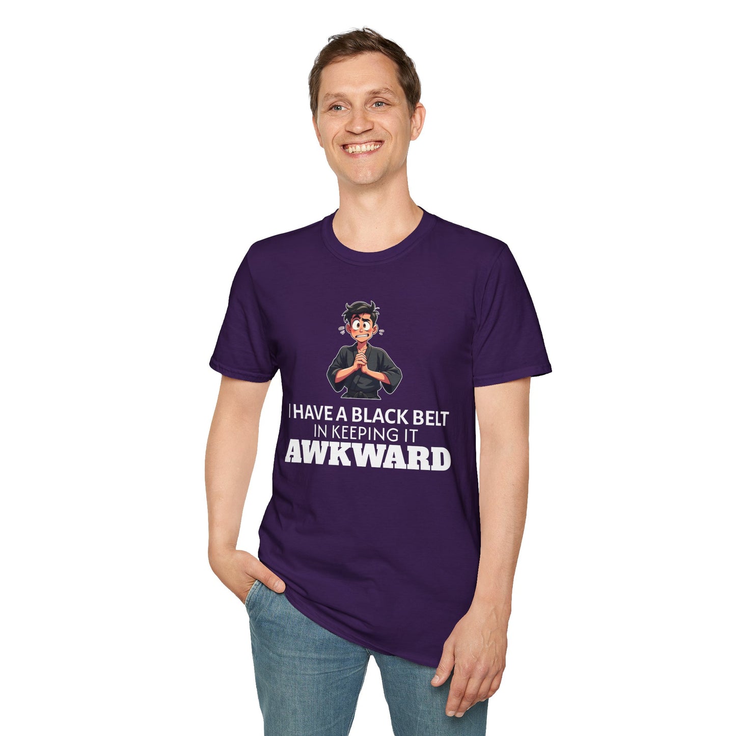 Funny Black Belt in Keeping It Awkward T-Shirt β Sarcastic Karate Kid Cartoon Tee, Ironic Humor Gift for Socially Clumsy & Relatable Souls