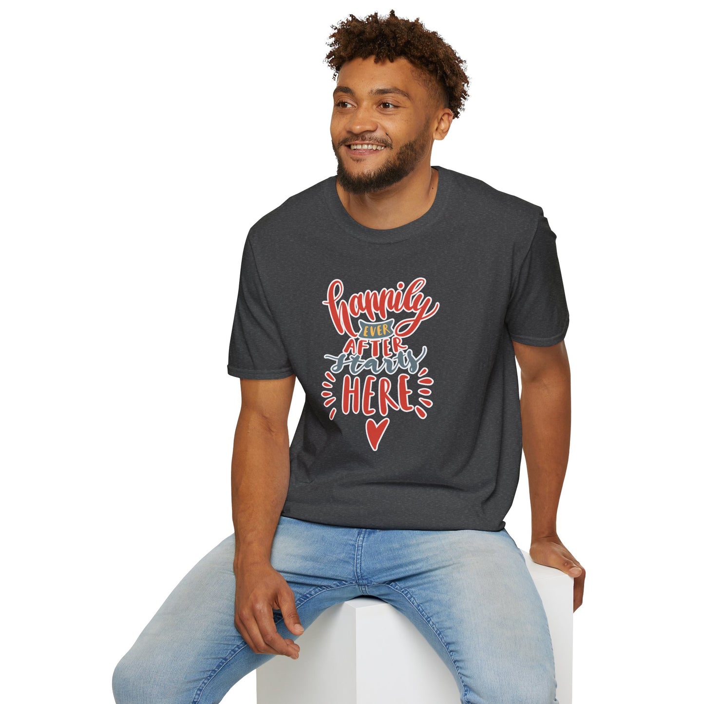 "Happily Ever After Starts Here" Inspirational & Wholesome T-Shirt – Cute Motivational Graphic Tee for Dreamers, Romantics & New Beginnings