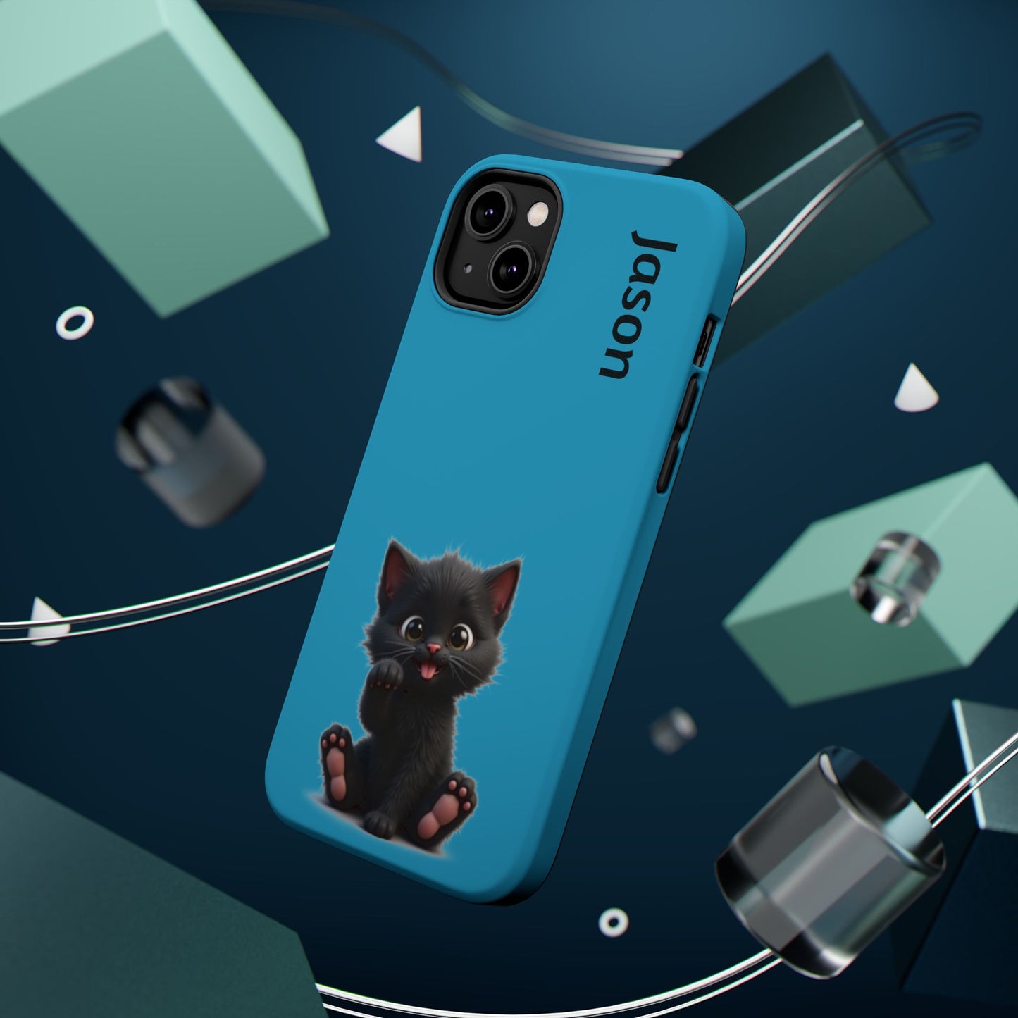 Personalized Black Kitten Phone Case - Custom Name Cat Lover Gift | Cute Teal Blue iPhone Cases for Women & Girls