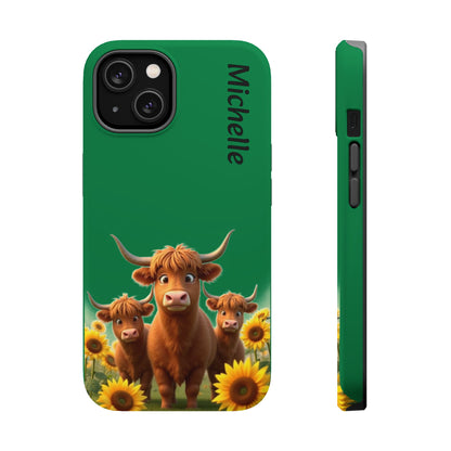 Personalized Highland Cow Phone Case - Custom Name Farm Animal Gift | Cute Green iPhone Cases for Women & Girls