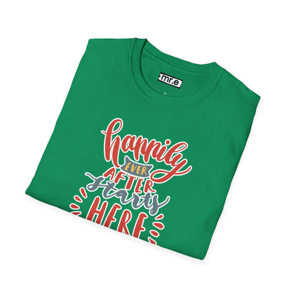 "Happily Ever After Starts Here" Inspirational & Wholesome T-Shirt – Cute Motivational Graphic Tee for Dreamers, Romantics & New Beginnings