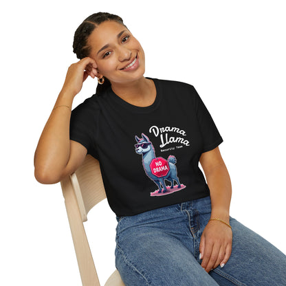 Funny Drama Llama Security Team T-Shirt – Sarcastic Llama with Sunglasses & “No Drama” Stop Sign, Ironic Humor Gift for Chill People