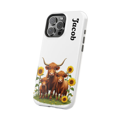 Personalized White Highland Cow Phone Case - Custom Name Farm Animal Gift | Cute Sunflower Cases for Women & Girls