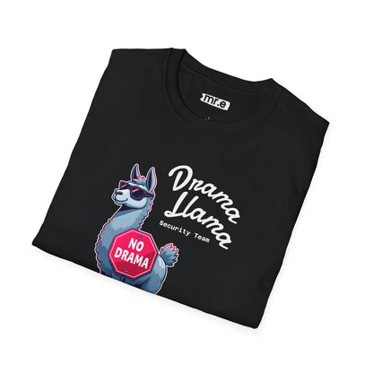 Funny Drama Llama Security Team T-Shirt – Sarcastic Llama with Sunglasses & “No Drama” Stop Sign, Ironic Humor Gift for Chill People