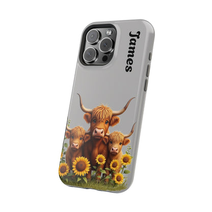 Personalized Gray Highland Cow Phone Case - Custom Name Farm Animal Gift | Cute Gray iPhone Cases for Women & Girls