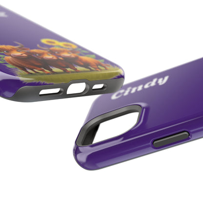 Personalized Purple Highland Cow Phone Case - Custom Name Farm Animal Gift | Cute Purple iPhone Cases for Women & Girls
