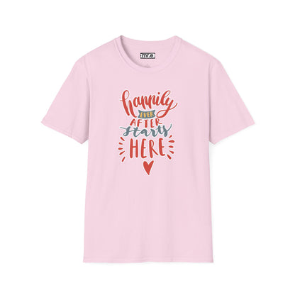"Happily Ever After Starts Here" Inspirational & Wholesome T-Shirt – Cute Motivational Graphic Tee for Dreamers, Romantics & New Beginnings