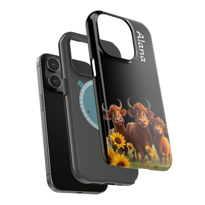 Personalized Highland Cow Phone Case - Custom Name Farm Animal Gift | Cute Black iPhone Cases for Women & Girls